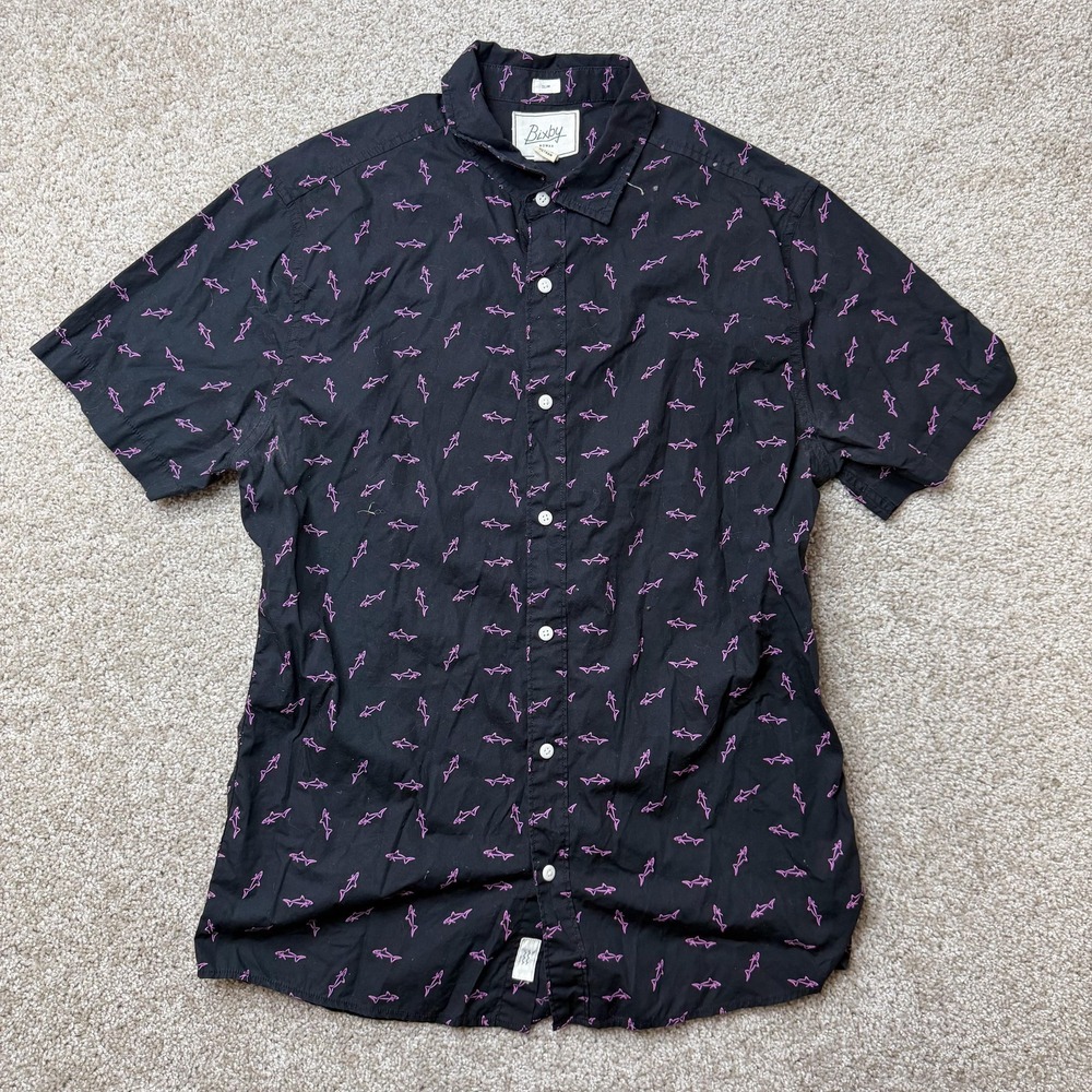 Bixby Shirt Mens Medium Black Shark Print Short Sleeve Button Up Slim Fit